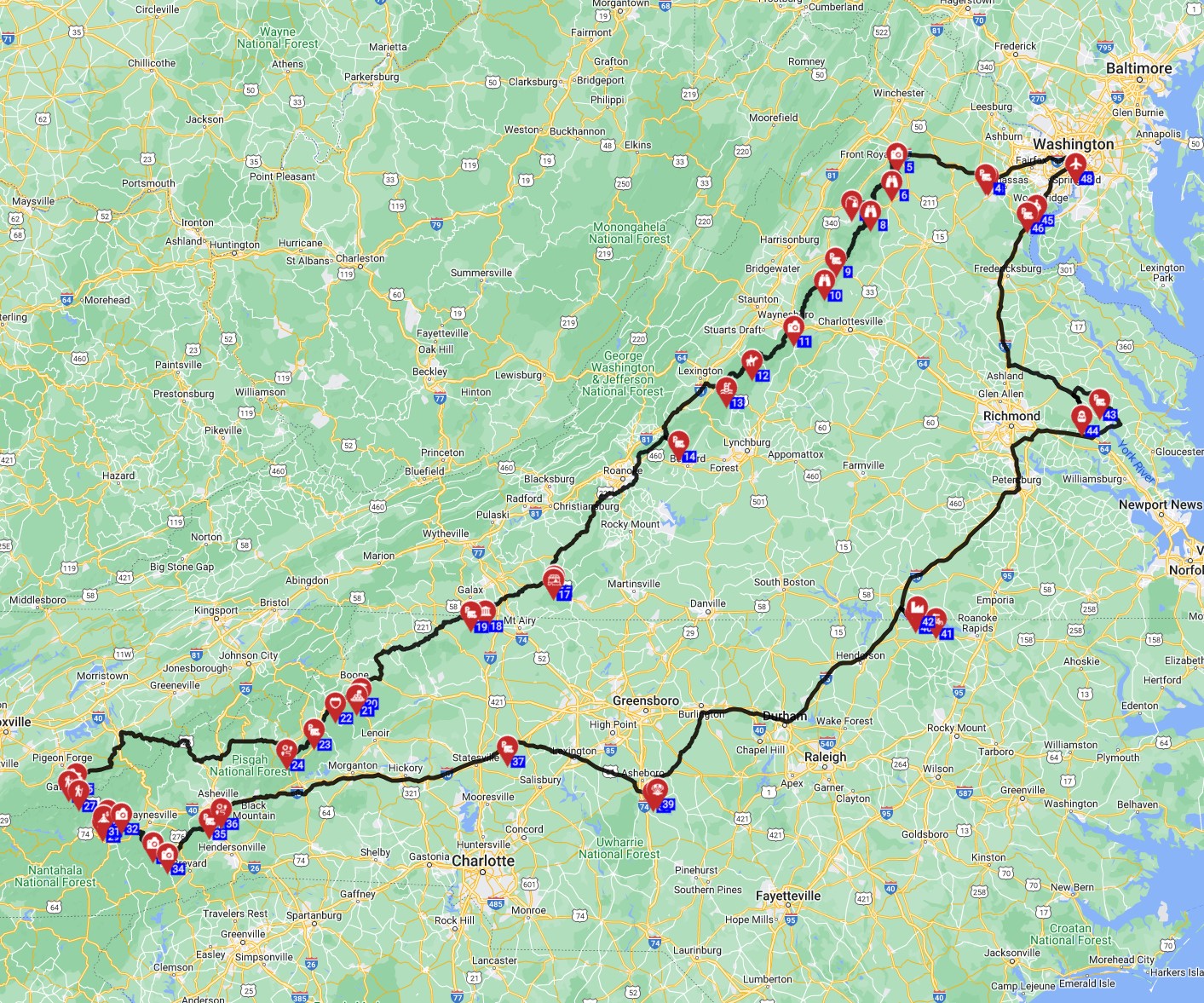 Washington DC RV trip planner through the Blue Ridge Highway to the Smoky Mountains